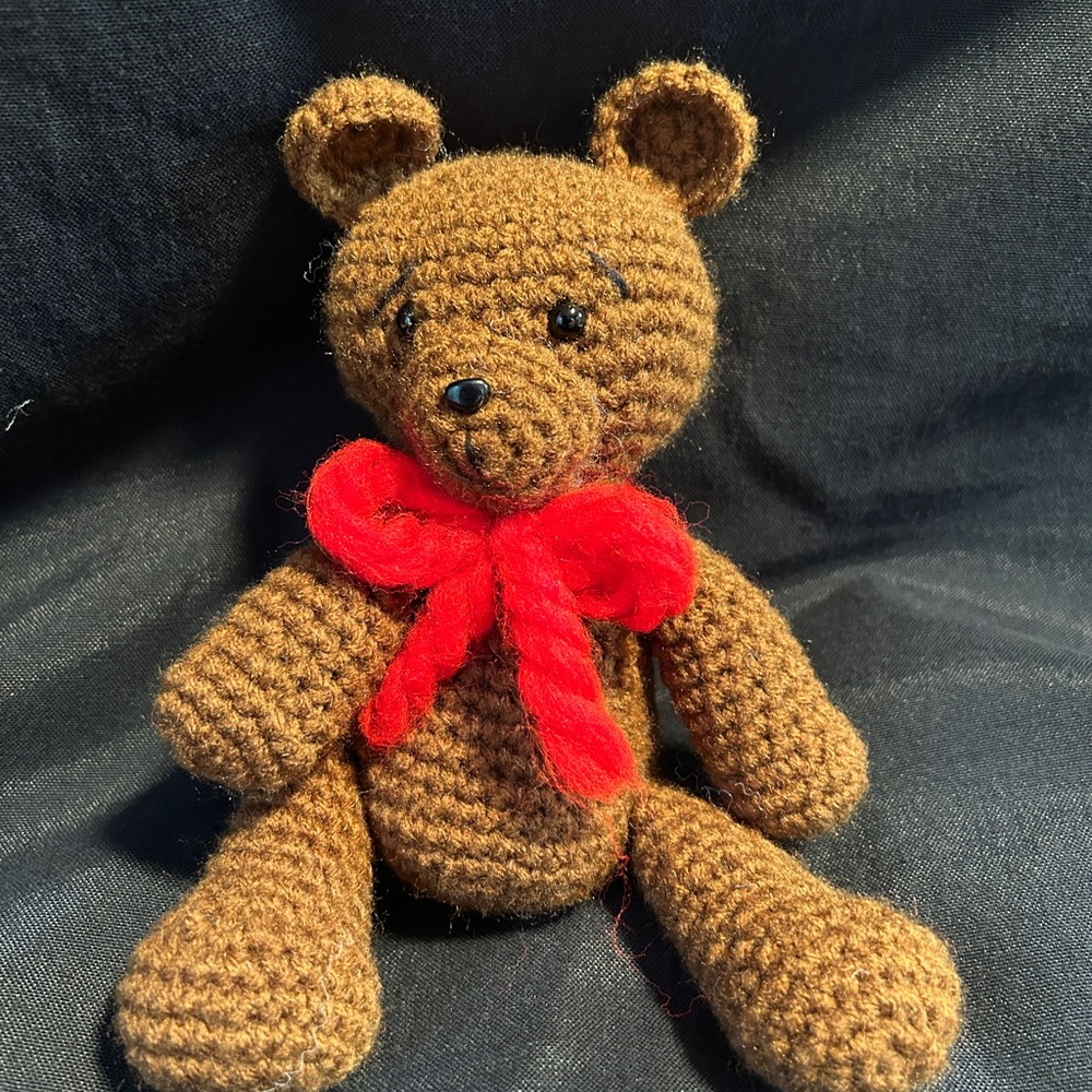 Handcrafted Brown Teddy Bear with Red Bow